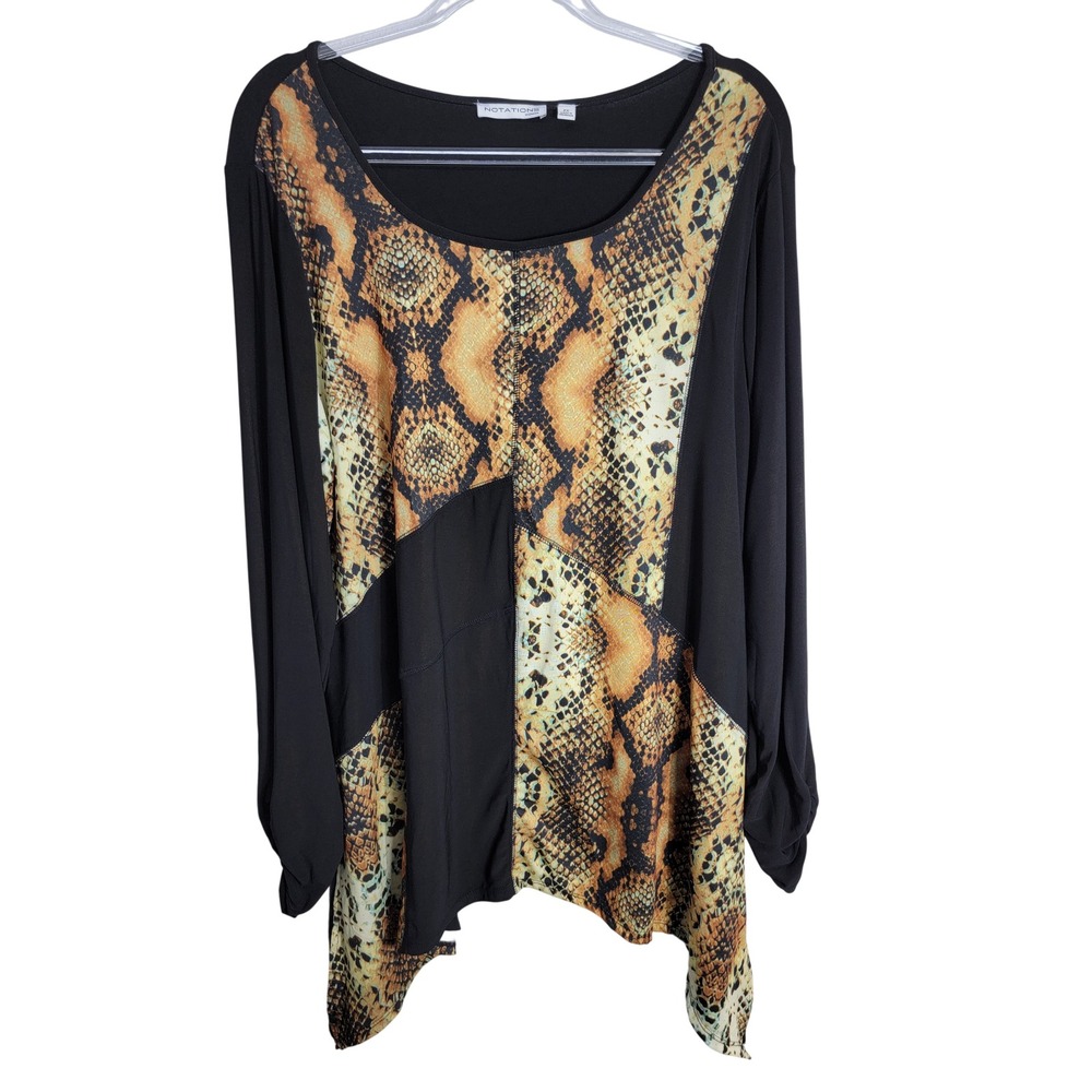 Notations Woman 2X Tunic Top Black Orange Snakeskin Sharkbite Hem Stretch